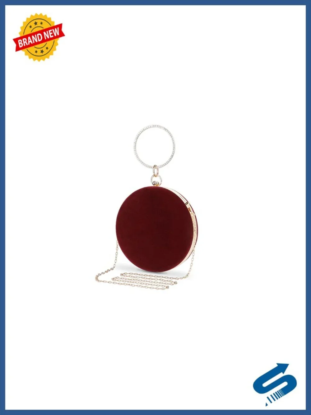 Velvet Round Clutch Evening Bag with Rhinestone Handle & Gold Chain